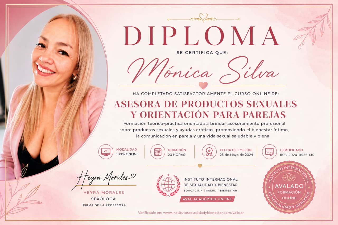 Diploma de Mónica Silva como asesora de productos sexuales y orientación para parejas